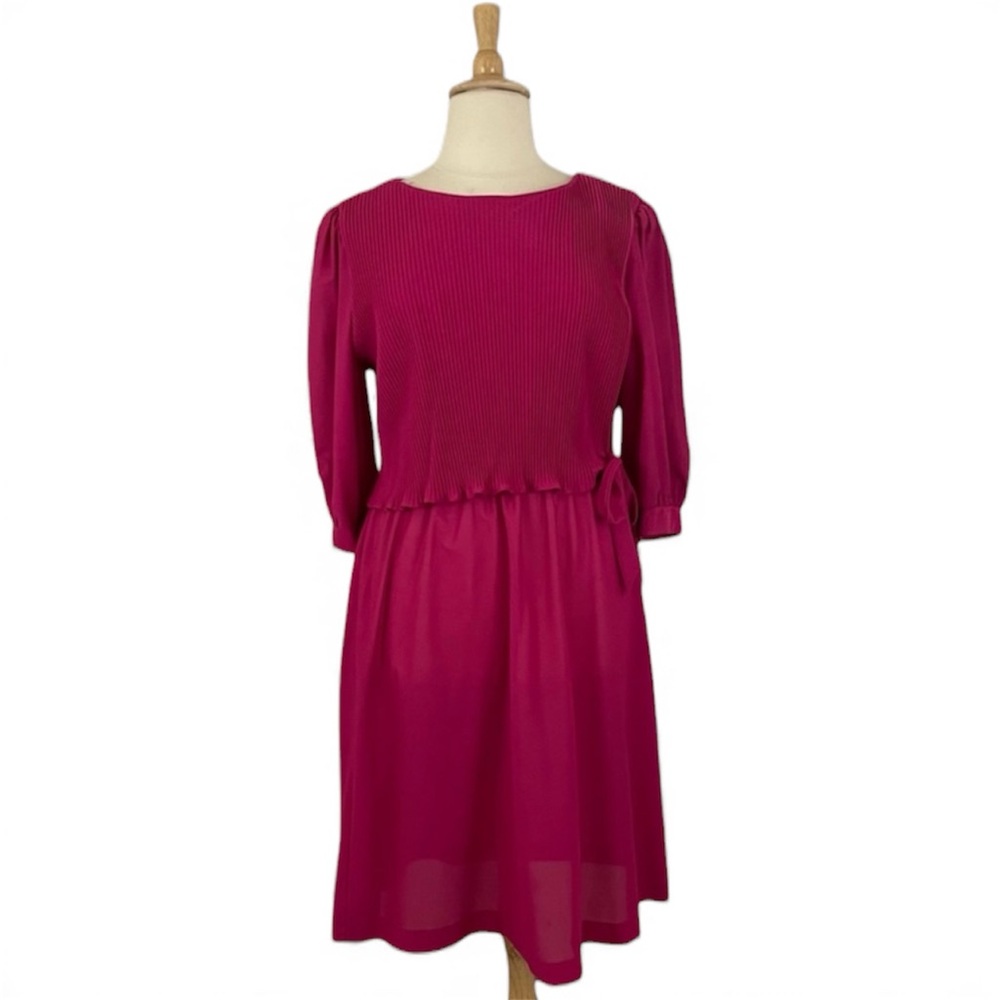 Vintage Midi Dress Women’s XL 3/4 Sleeve A-Line Pleated Bodice Side Tie‎ Tiered